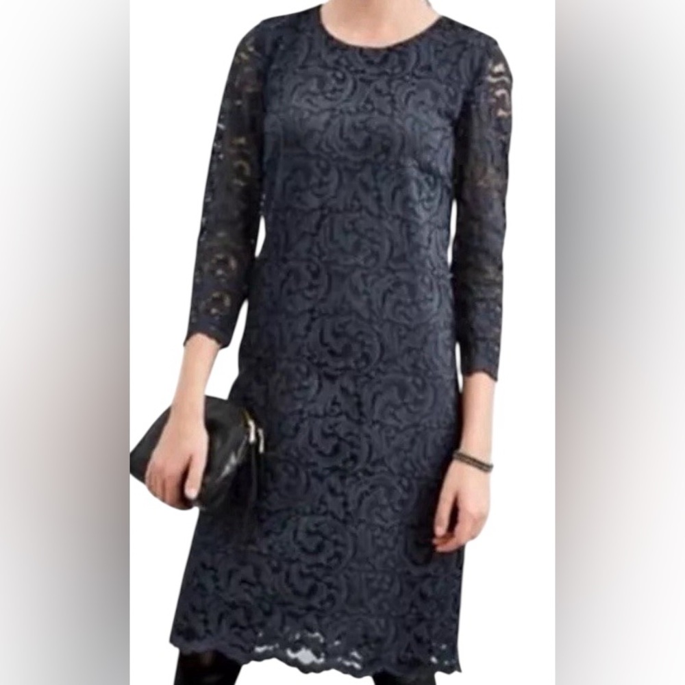 Garnet Hill Cocktail Lined Pullover Elegant Black 3/4 Sleeves Laced Dress Size 8